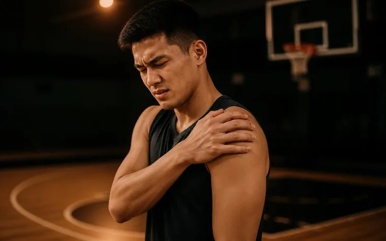 Athlete on the court holding an injured shoulder